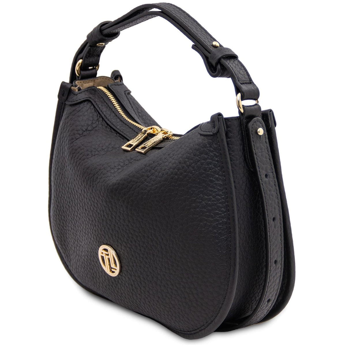 Negro piel granulada hobo bag with gold-tone double zipper and small circular logo plaque