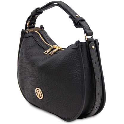 Negro piel granulada hobo bag with gold-tone double zipper and small circular logo plaque