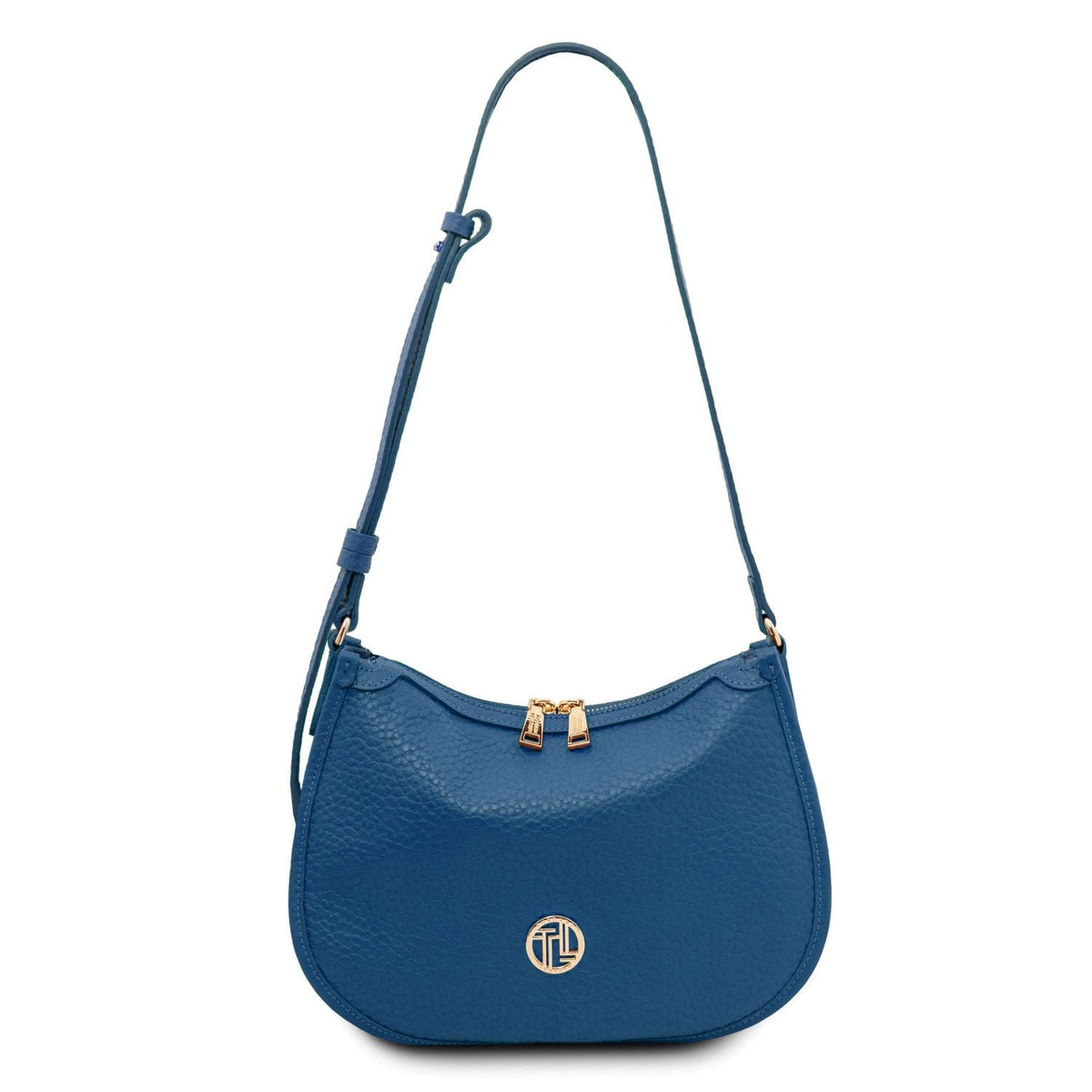 Blue piel suave Hoblò hobo bag with curved shape herrajes dorados and long correa ajustable