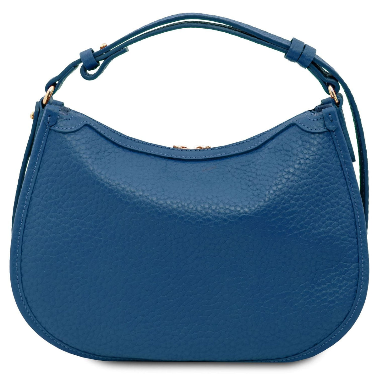 Blue Hoblò piel suave hobo bag from a front right angle mostrando curved silhouette and herrajes dorados