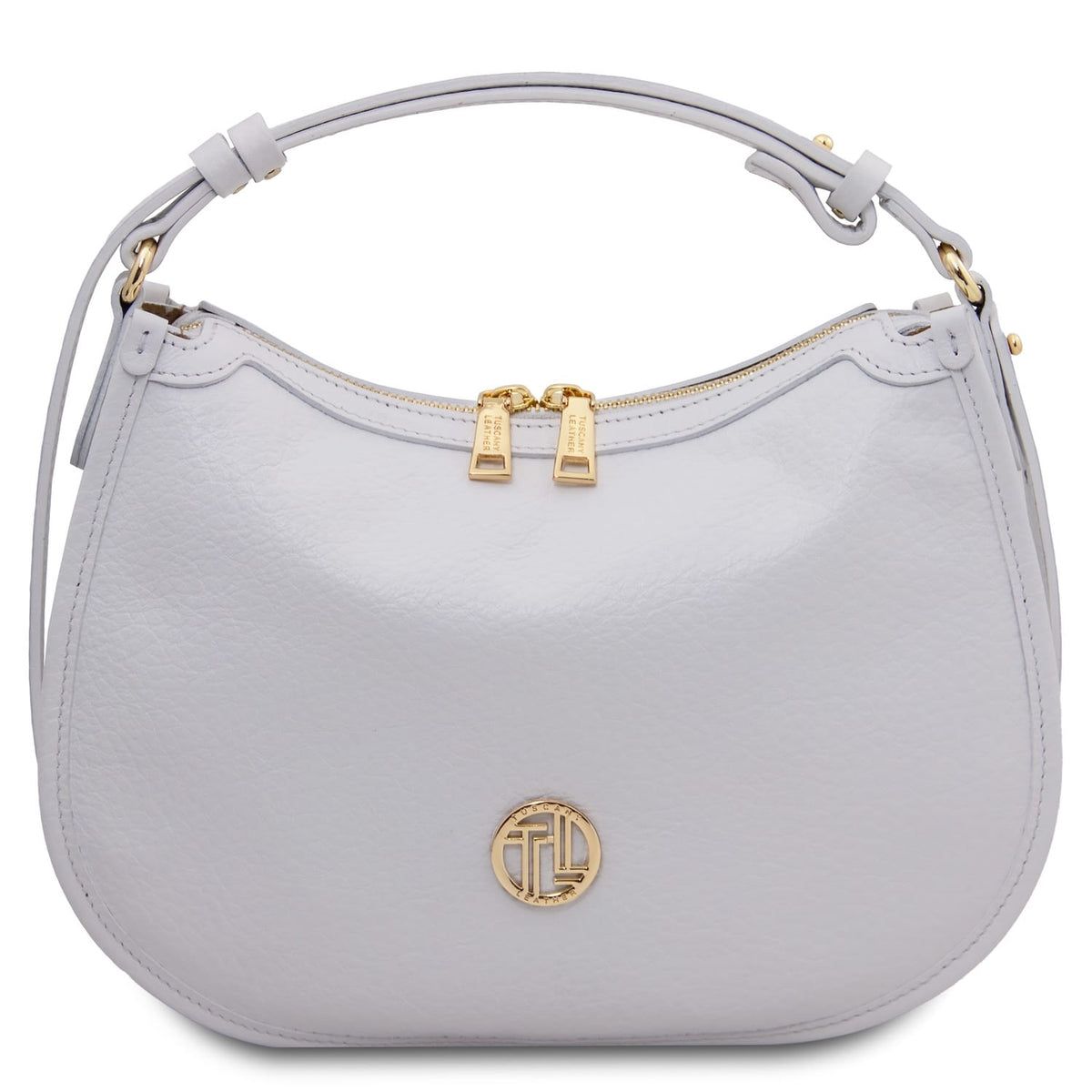 Blanco piel granulada Hoblò hobo bag with herrajes dorados, double zipper pulls and a small placa de logo dorada