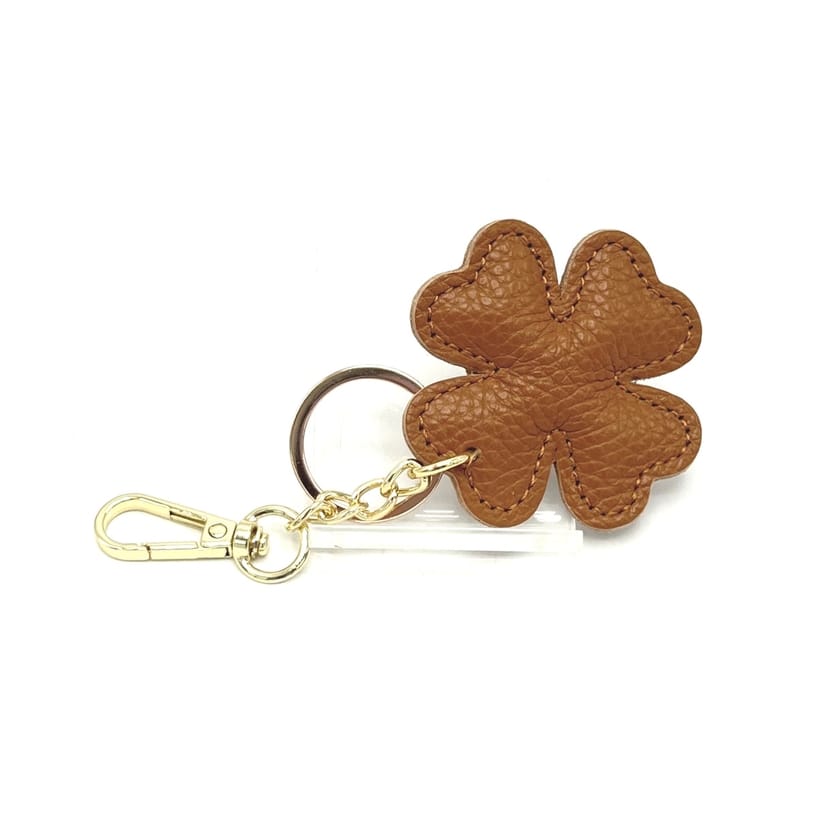 Brown Italian leather four leaf clover keyring with a gold chain and ring