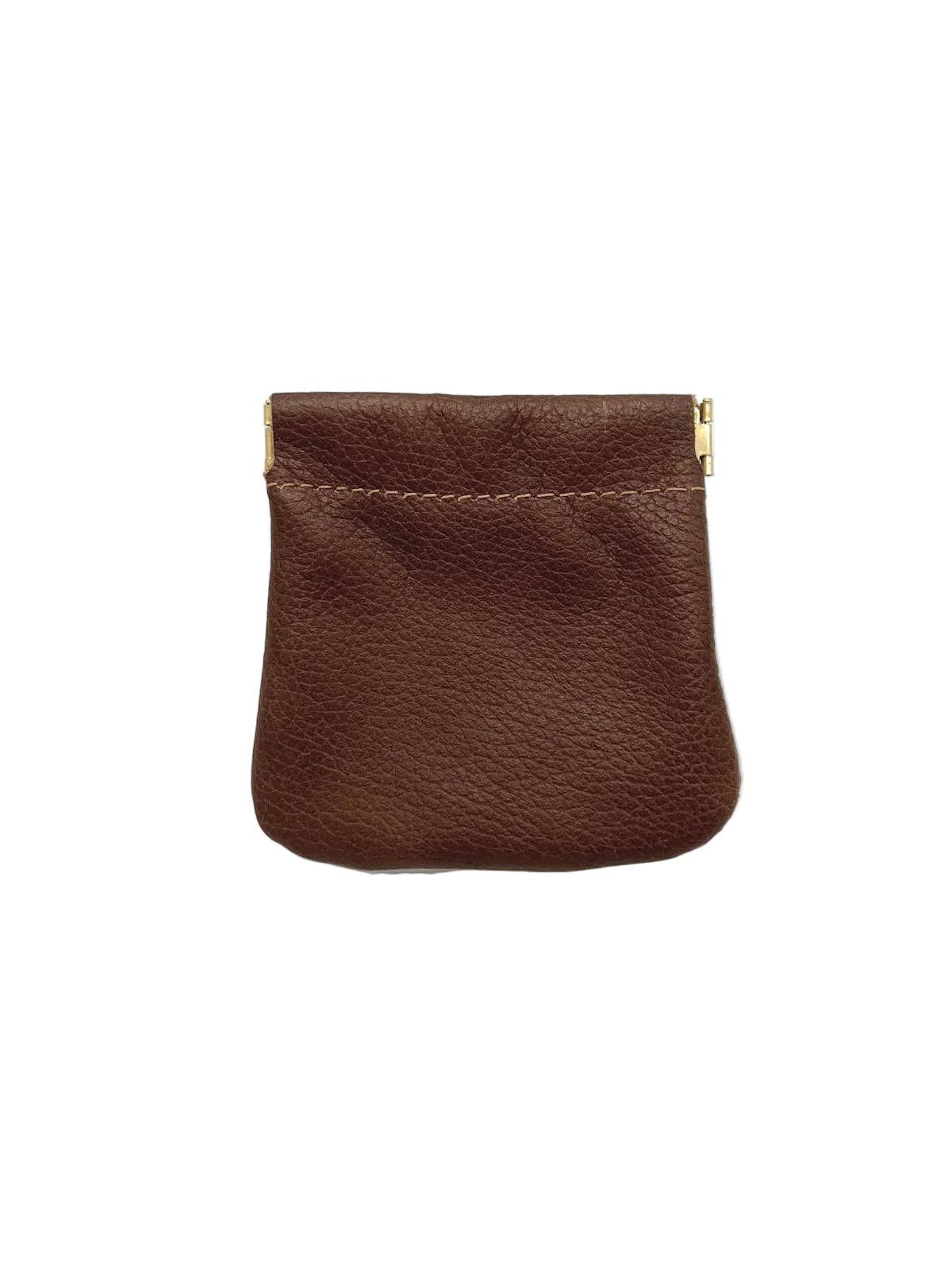 Italian Leather Coin Purse in rich brown pebbled leather with gold-tone frame clasp for secure closure and compact storage.