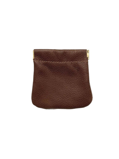 Italian Leather Coin Purse in rich brown pebbled leather with gold-tone frame clasp for secure closure and compact storage.