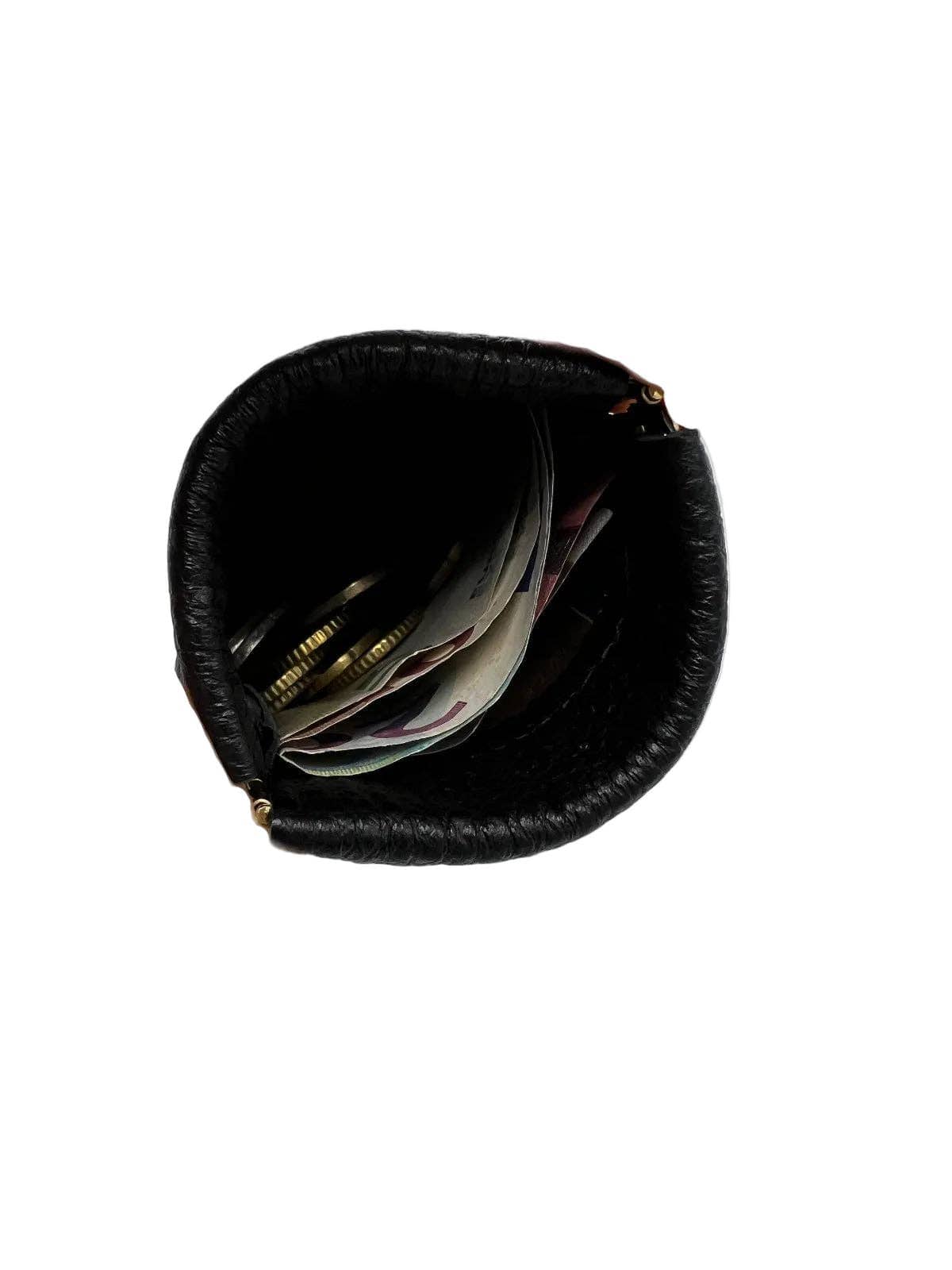 Italian Leather Coin Purse showing black textured leather with visible coins and folded paper currency inside.