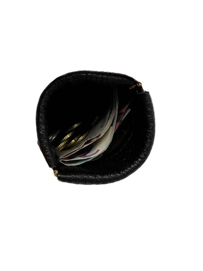 Italian Leather Coin Purse showing black textured leather with visible coins and folded paper currency inside.