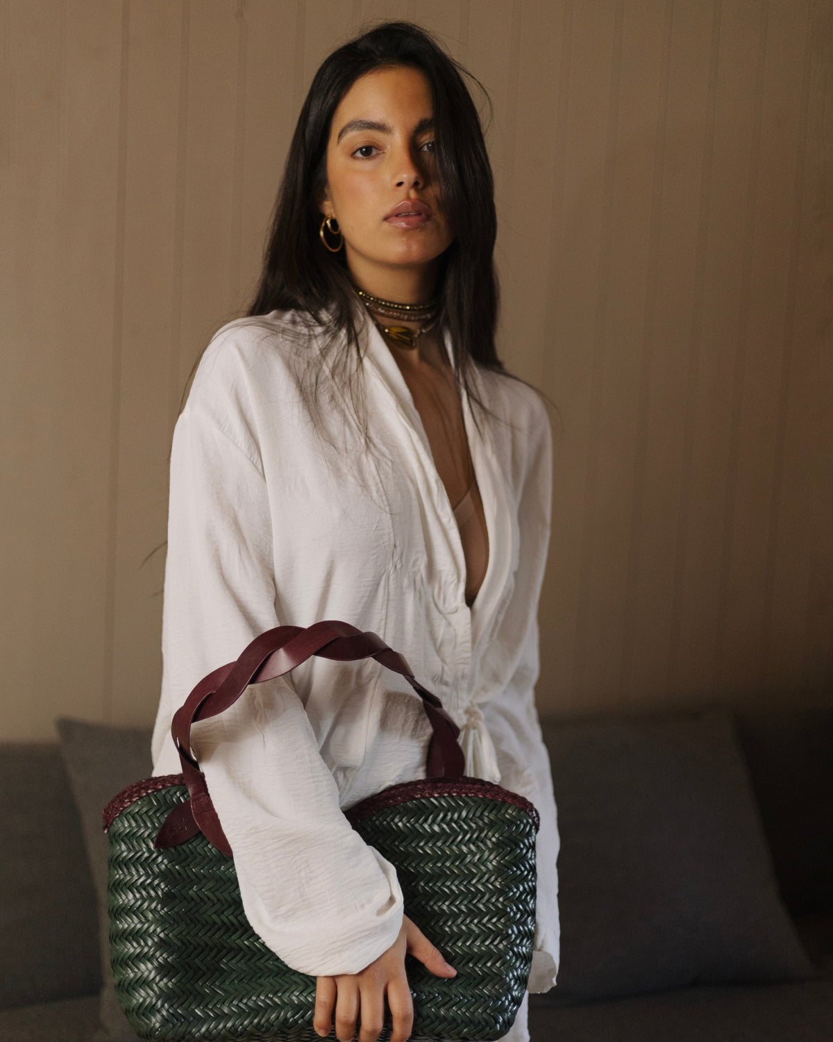 Léafa - Hewoven Leather Shoulder Bag | Bordeaux & Verde featuring braided bordeaux leather heles e woven verde leather body against neutral background.