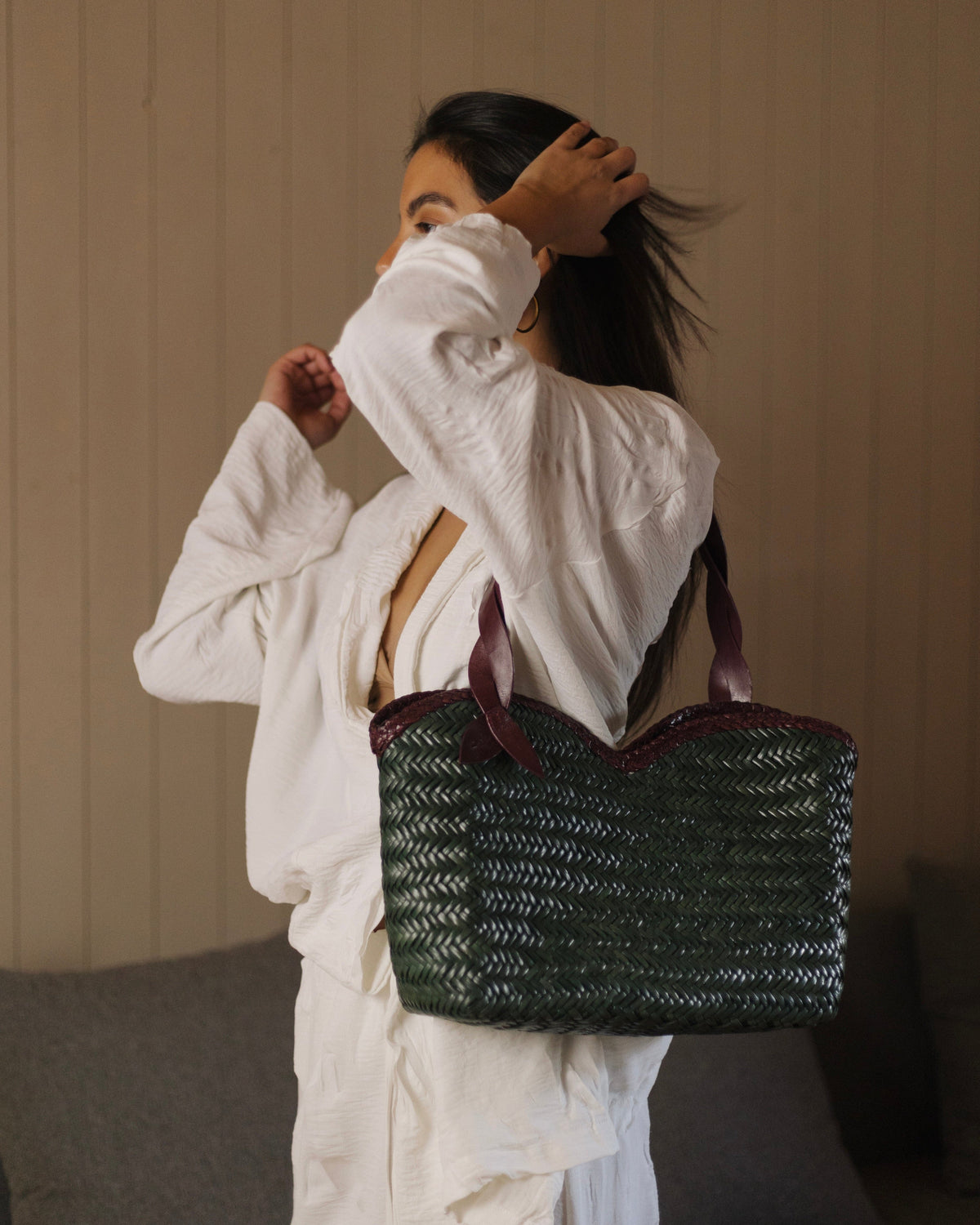 Léafa - Hewoven Leather Shoulder Bag | Bordeaux & Verde featuring woven verde leather body con bordeaux braided trim e bordeaux leather heles.