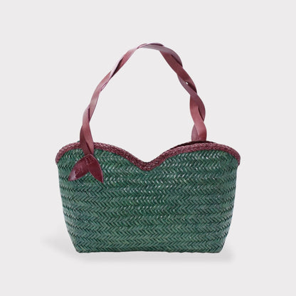 Léafa - Hewoven Leather Shoulder Bag | Bordeaux & Verde featuring woven leather body con braided edges e twisted bordeaux leather heles.