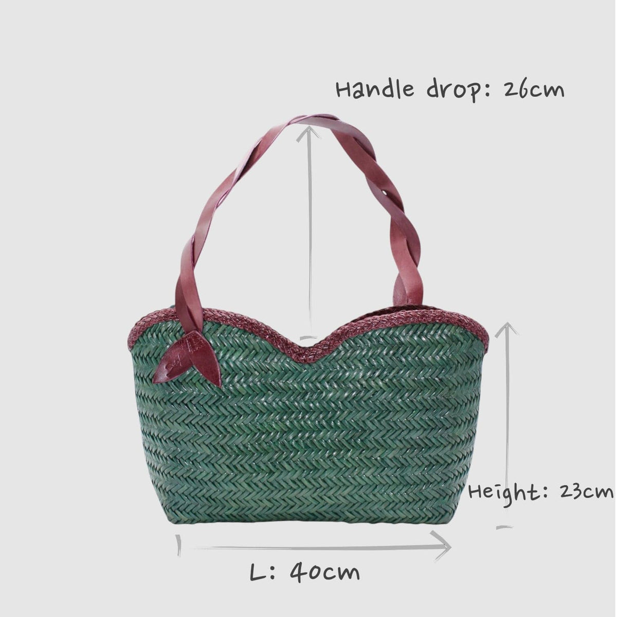Borsa a spalla Léafa in pelle verde intrecciata a mano con manici intrecciati bordeaux