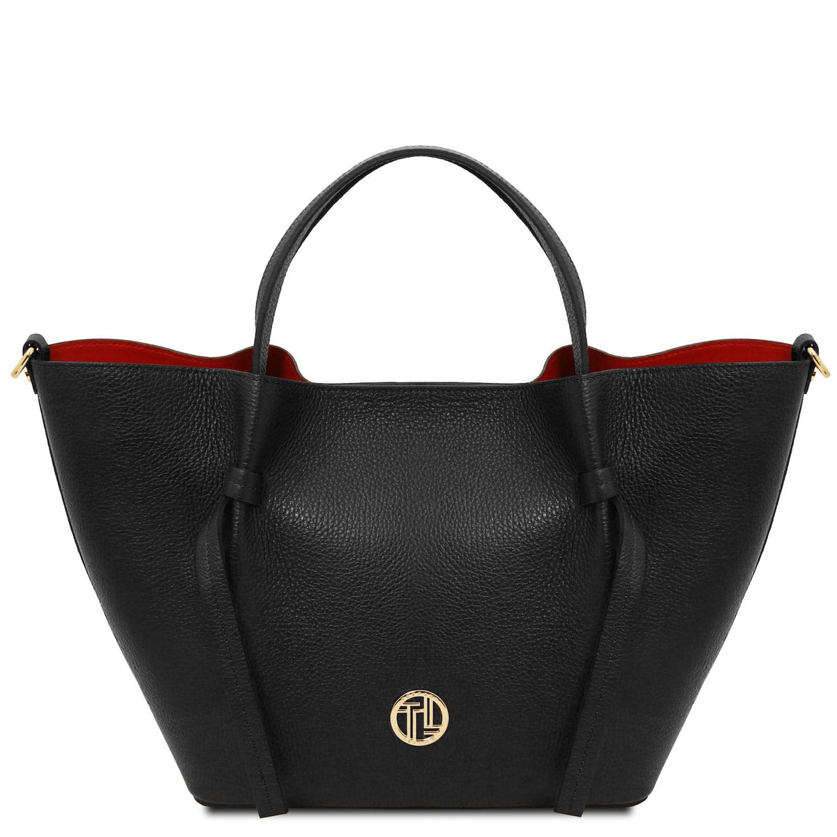 Legame - Italian leather shopping bag - Large size | TL142481 in black pebbled leather with gold hardware and top handles on white background