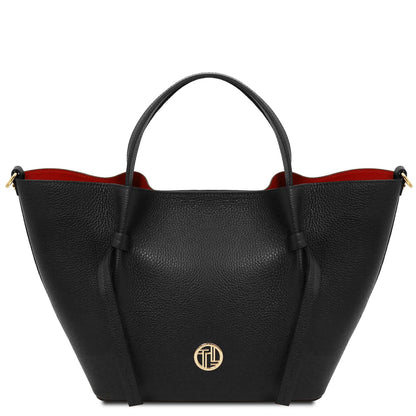 Legame - Italian leather shopping bag - Large size | TL142481 in black pebbled leather with gold hardware and top handles on white background