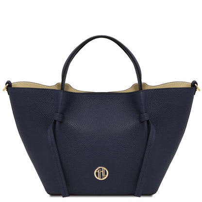 Legame - Italian leather shopping bag - Large size | TL142481 in navy pebbled leather with dual top handles and gold-tone logo detail on white background