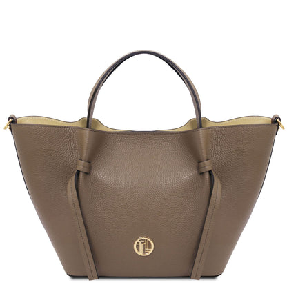 Legame - Italian leather shopping bag - Large size | TL142481 in taupe pebbled leather with top handles, gold hardware, on white background.