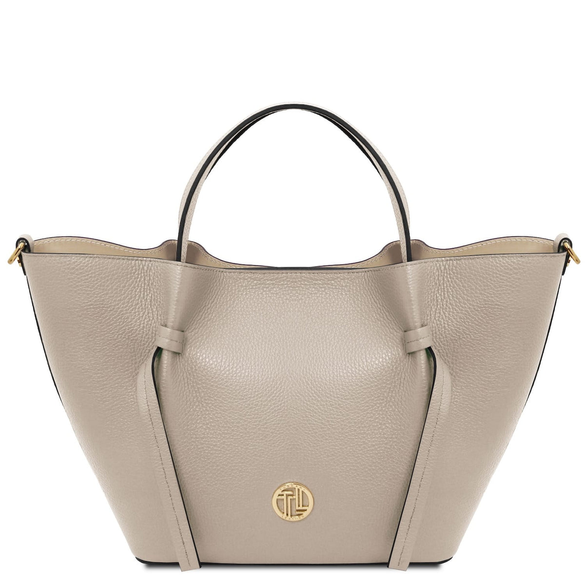 Taupe claro handbag with a logótipo dourado sobre fundo branco