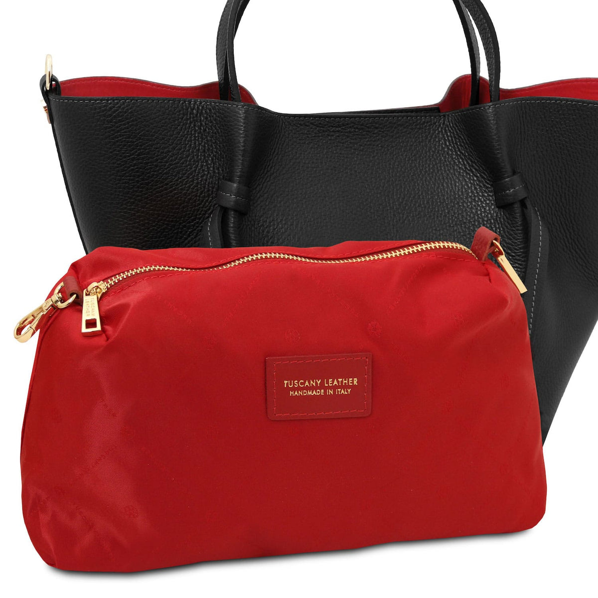 Legame - Italian leather shopping bag - Large size | TL142481 in black pebbled leather with red fabric pouch and gold-tone hardware on white background.