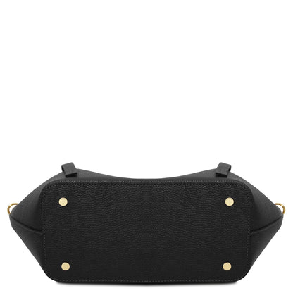 Legame - Italian leather shopping bag - Large size | TL142481 in black pebbled leather with rectangular base and gold-tone metal feet on white background