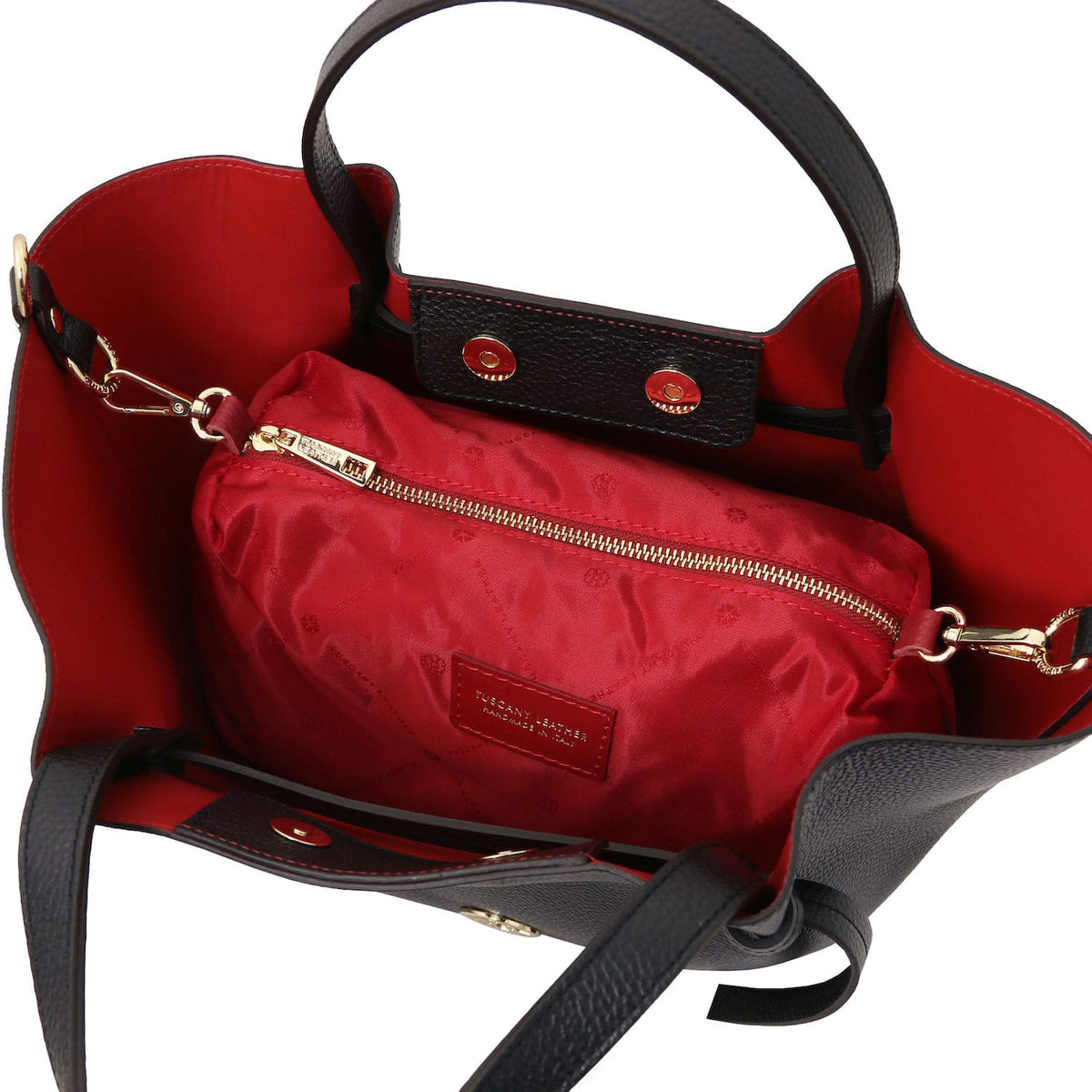 Legame - Italian leather shopping bag - Large size | TL142481 in black pebbled leather with red fabric interior pouch and gold hardware on white background.