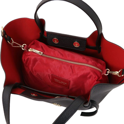 Legame - Italian leather shopping bag - Large size | TL142481 in black pebbled leather with red fabric interior pouch and gold hardware on white background.