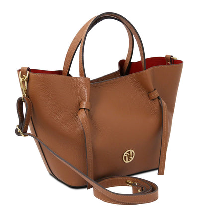 Legame - Italian leather shopping bag - Large size | TL142481 in brown pebbled leather with gold hardware and detachable shoulder strap on white background.