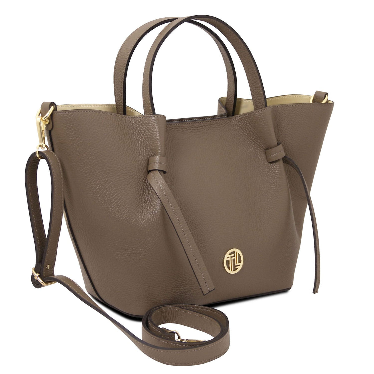 Legame - Italian leather shopping bag - Large size | TL142481 in taupe pebbled leather with gold hardware, dual top handles, and adjustable shoulder strap on white background