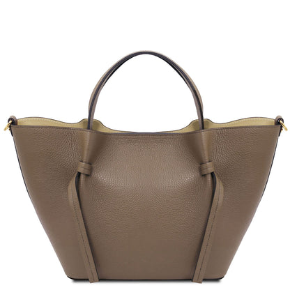 Legame - Italian leather shopping bag - Large size | TL142481 in taupe pebbled leather with dual top handles and tie accents on beige background.