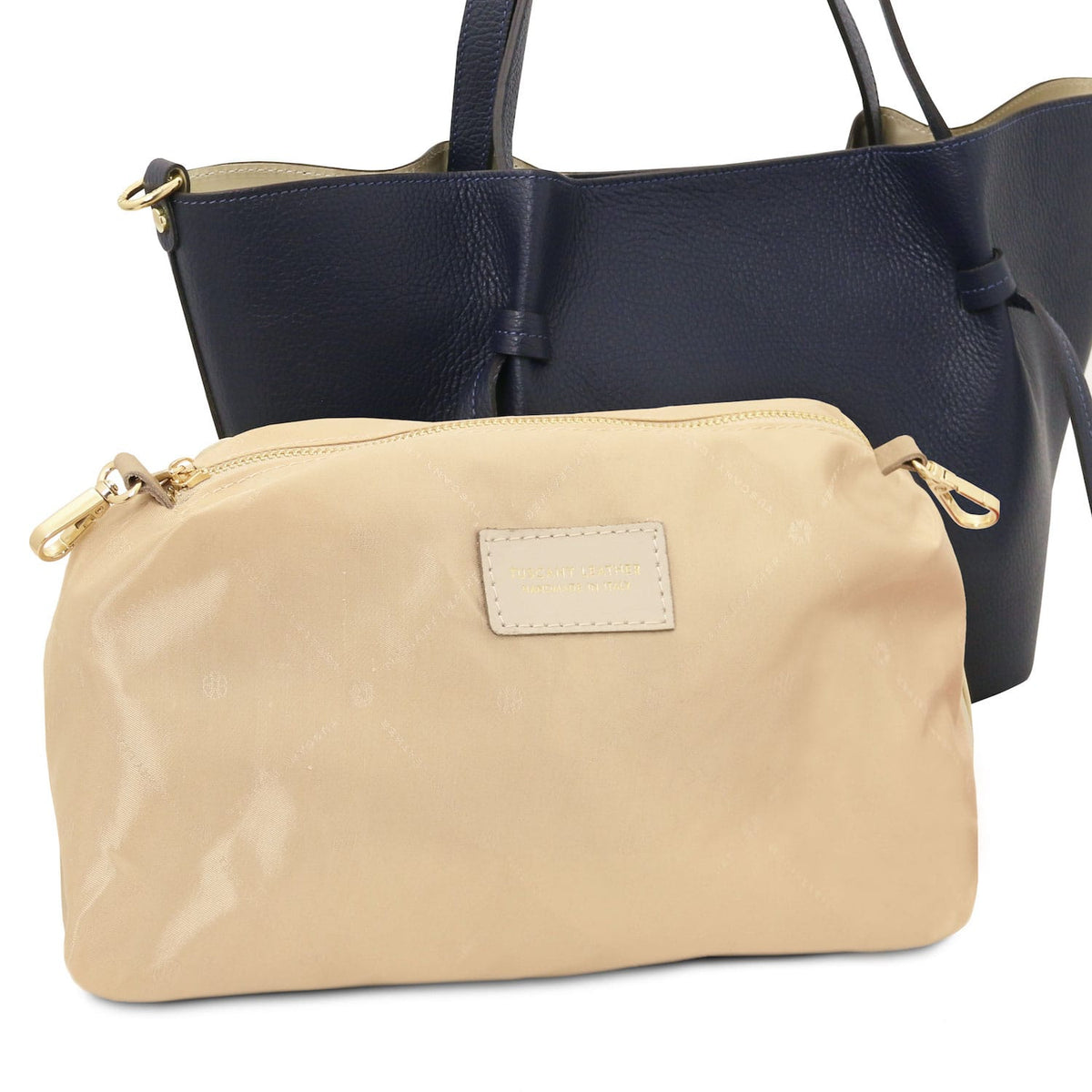 Legame - Italian leather shopping bag - Large size | TL142481 in navy pebbled leather with dual top handles on white background.