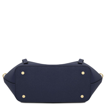 Legame - Italian leather shopping bag - Large size | TL142481 in navy pebbled leather with gold-tone feet on white background.
