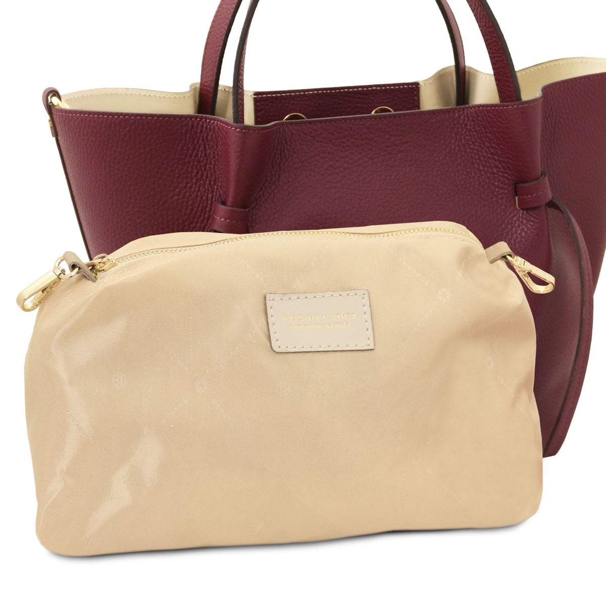 Legame - Italian leather shopping bag - Large size | TL142481 in burgundy pele martelada with duas asas superiores and beige removable pouch sobre fundo branco