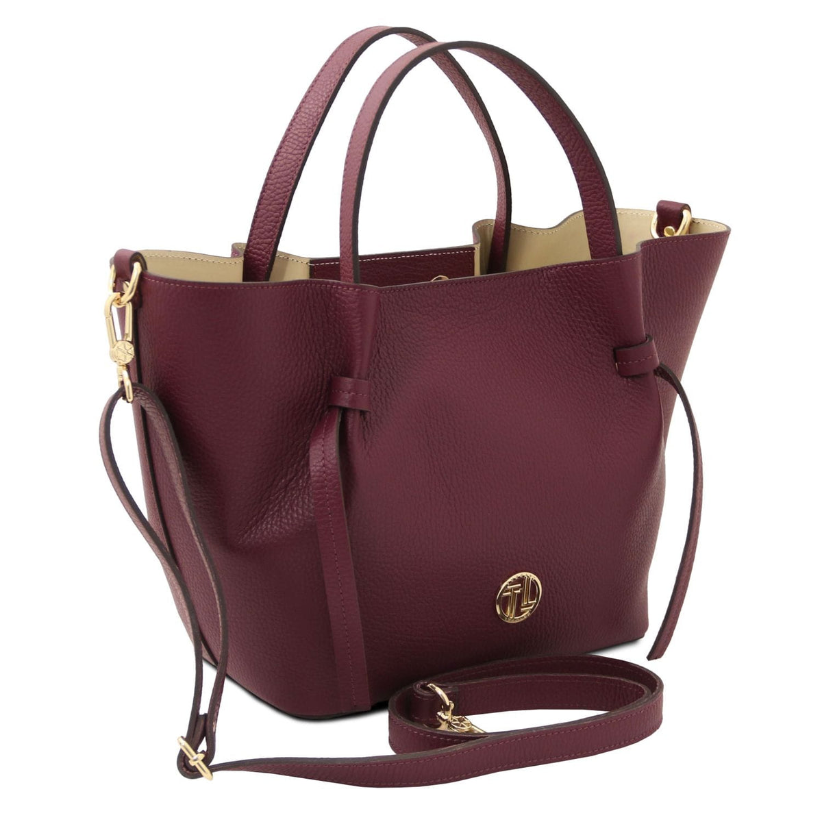 Legame - Italian leather shopping bag - Large size | TL142481 in burgundy pele martelada with duas asas superiores, alça de ombro amovível, and ferragens douradas sobre fundo branco.