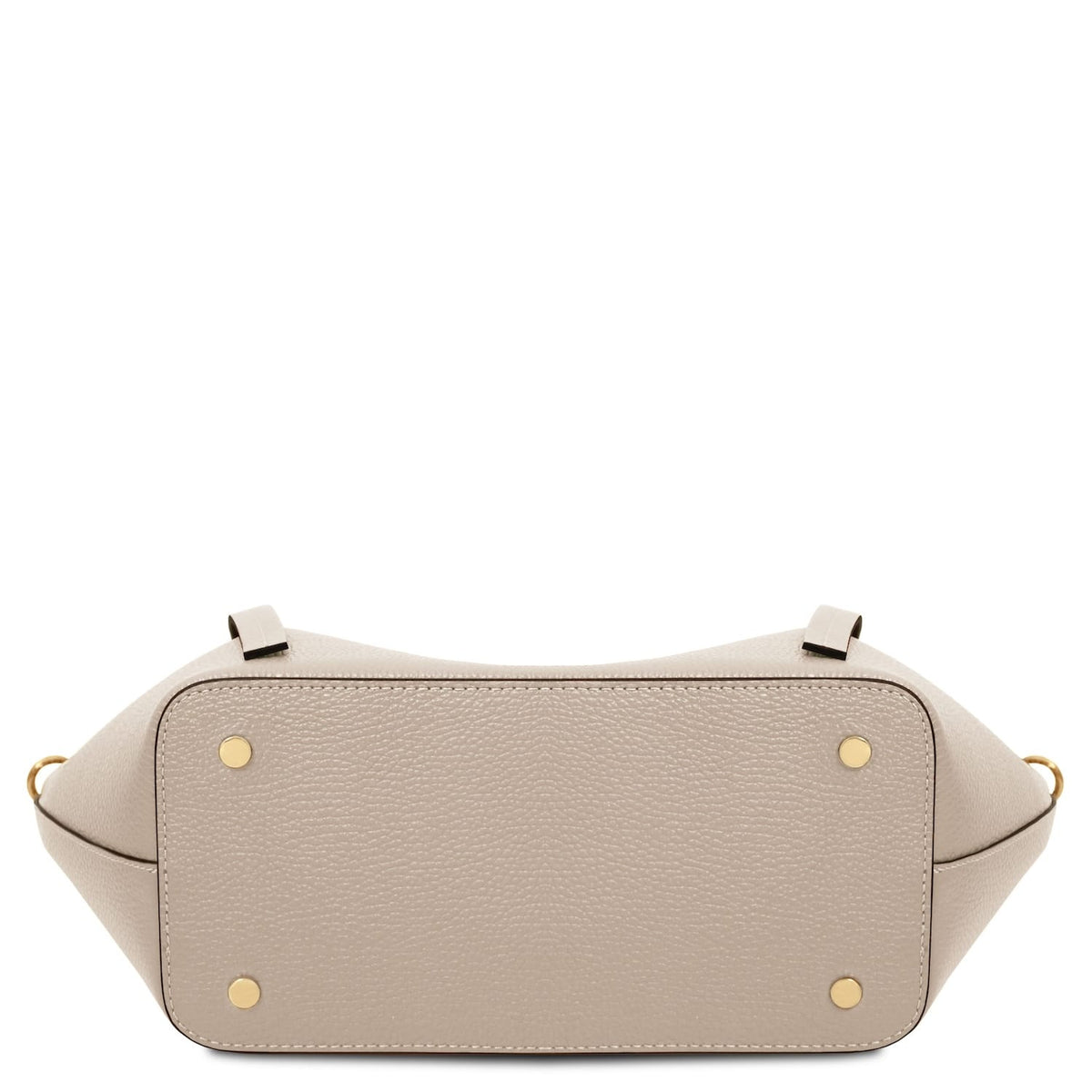 Vista inferior of Legame large beige leather mala shopper with pés dourados