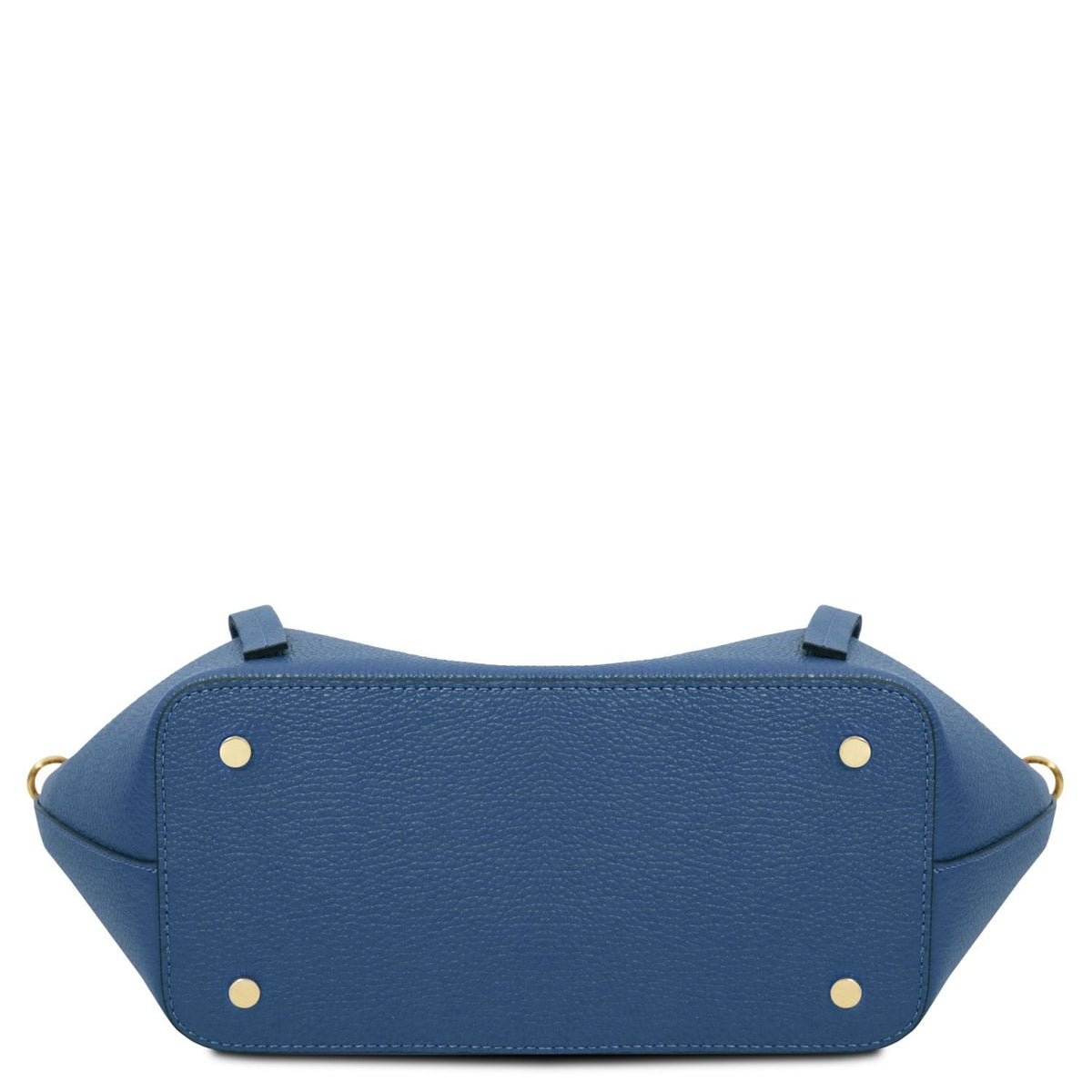 Vista inferior of blue Legame bag with tachas douradas on each corner.