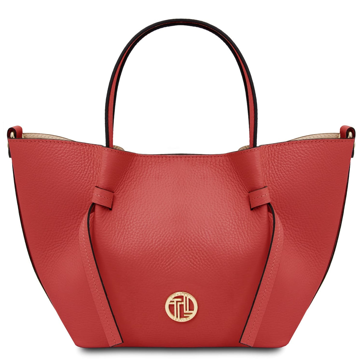 Rojo Legame bolso pequeño de piel with dos asas superiores and a emblema dorado on the front.