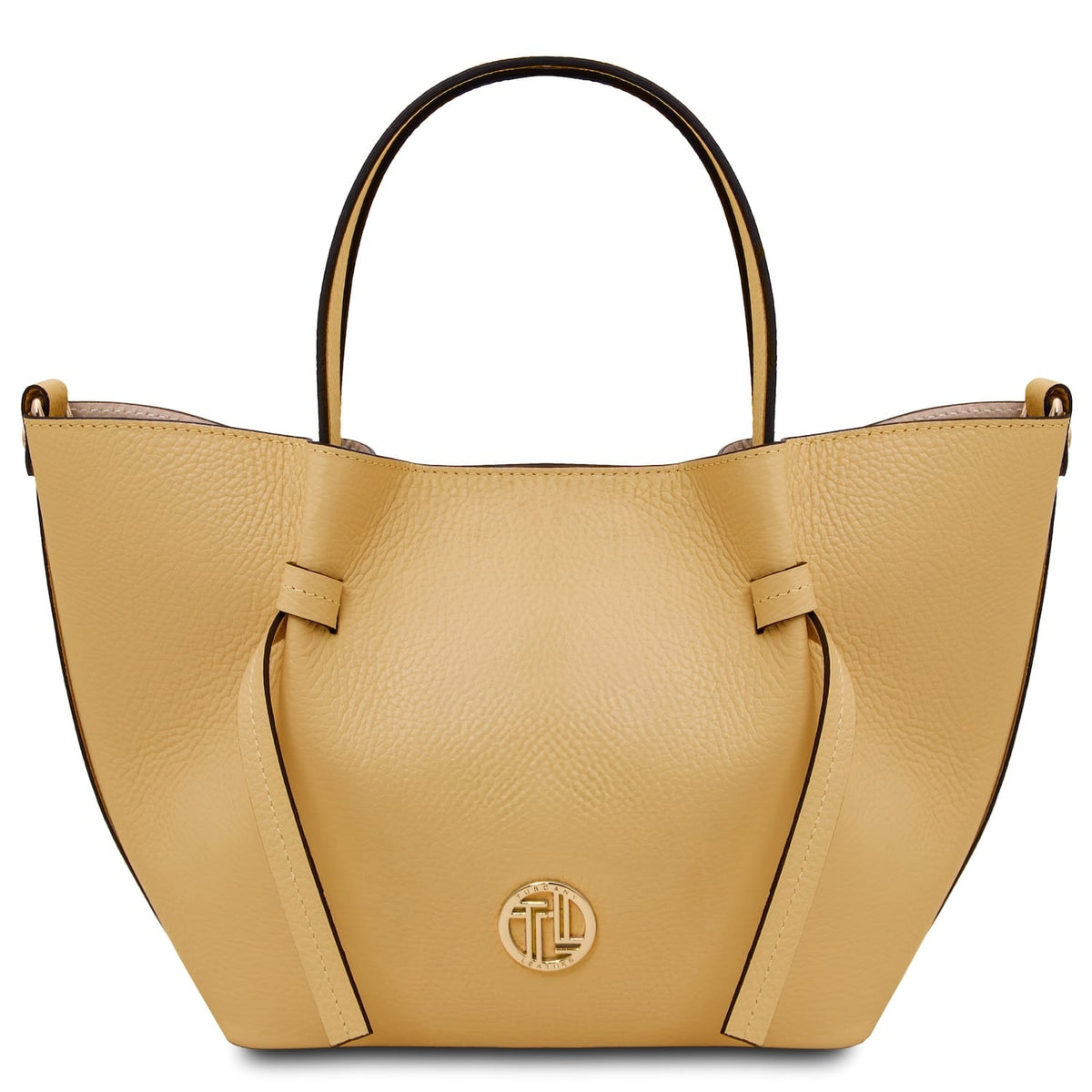 Amarillo mostaza Legame leather handbag with asas superiores and a circular placa de logo dorada.