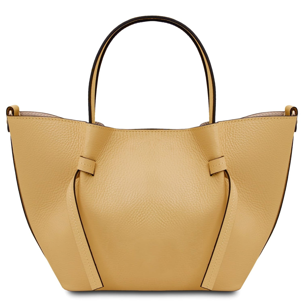 Light cuero Legame bolso pequeño de piel with dos asas superiores and a long shoulder strap, logo dorado on front.