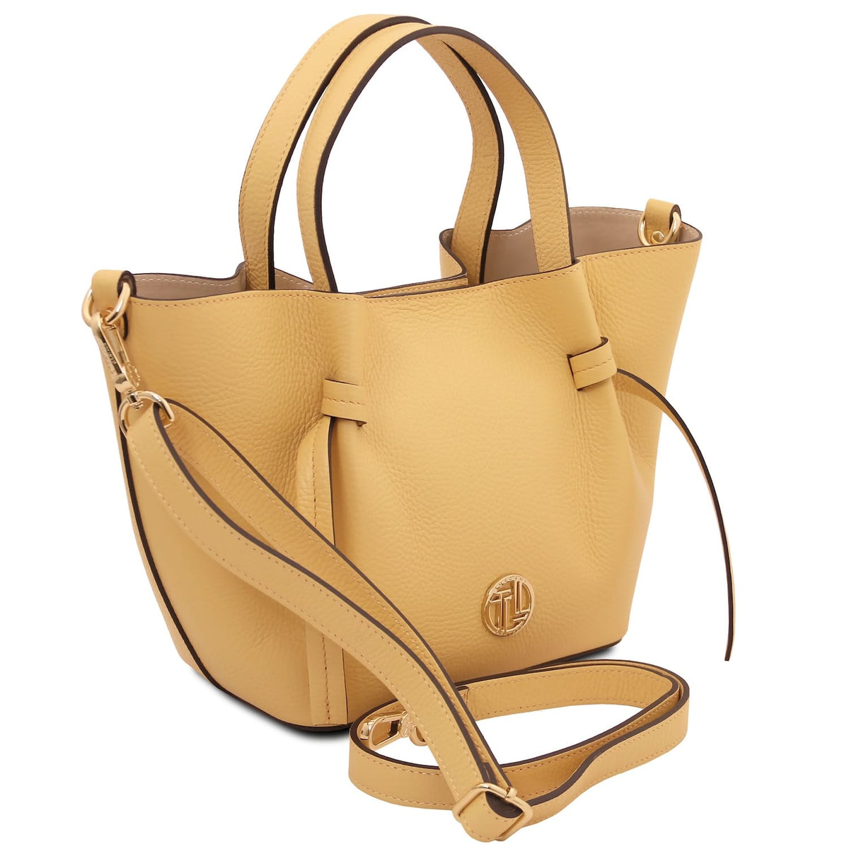 Amarillo mostaza Legame bolso pequeño de piel with asas superiores and correa cruzada extraíble, gold front logo.