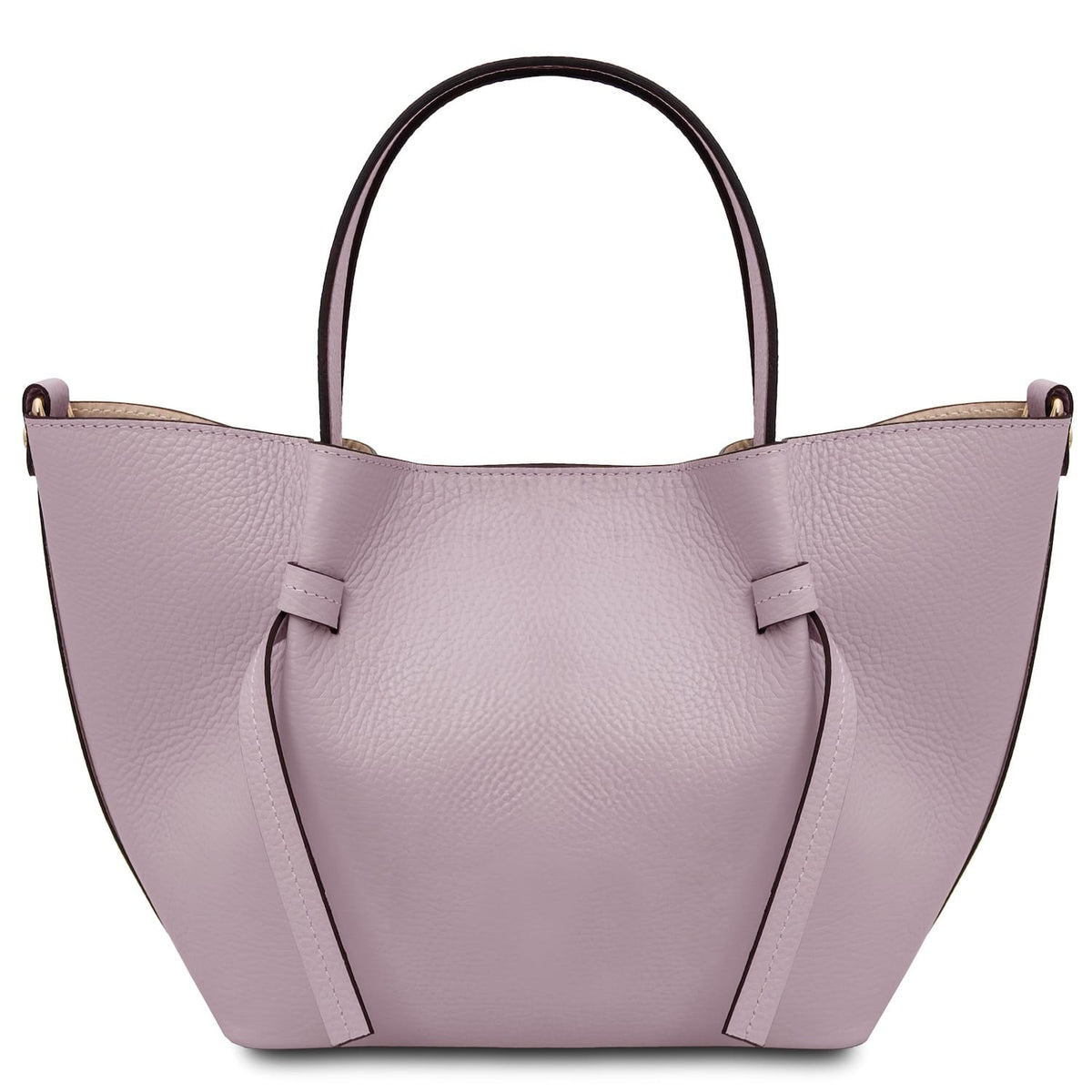 Legame small lavanda leather handbag with a single arched asa superior and curved sides.