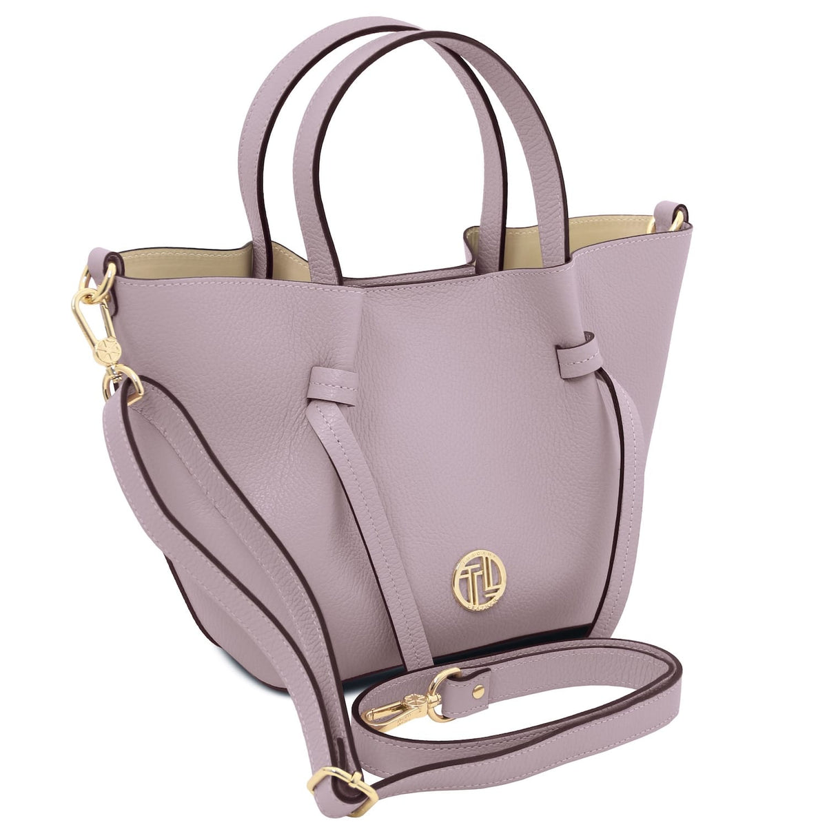 Legame small lavanda leather handbag with dos asas superiores and a emblema de logo dorado.