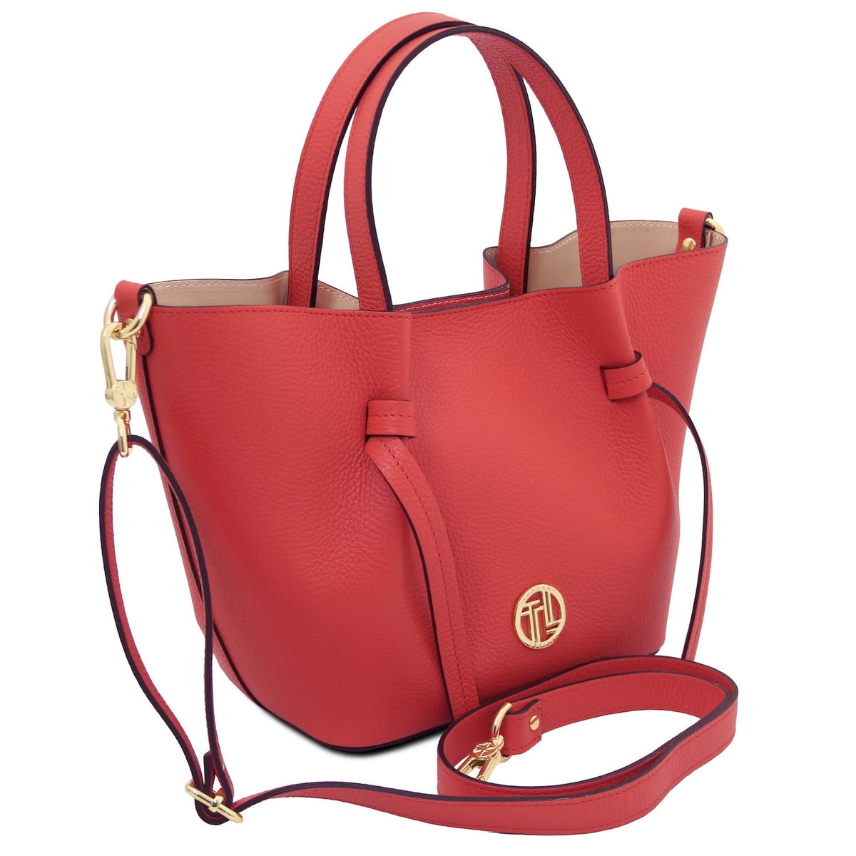 Rojo leather handbag with dos asas superiores and a correa de hombro extraíble featuring herrajes dorados.