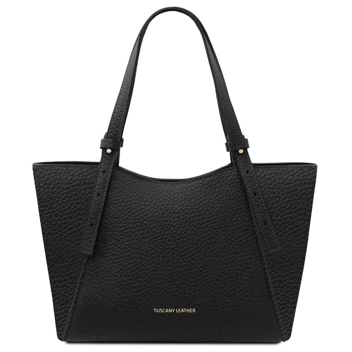 Black pebbled leather tote bag with long handles and a small gold logo