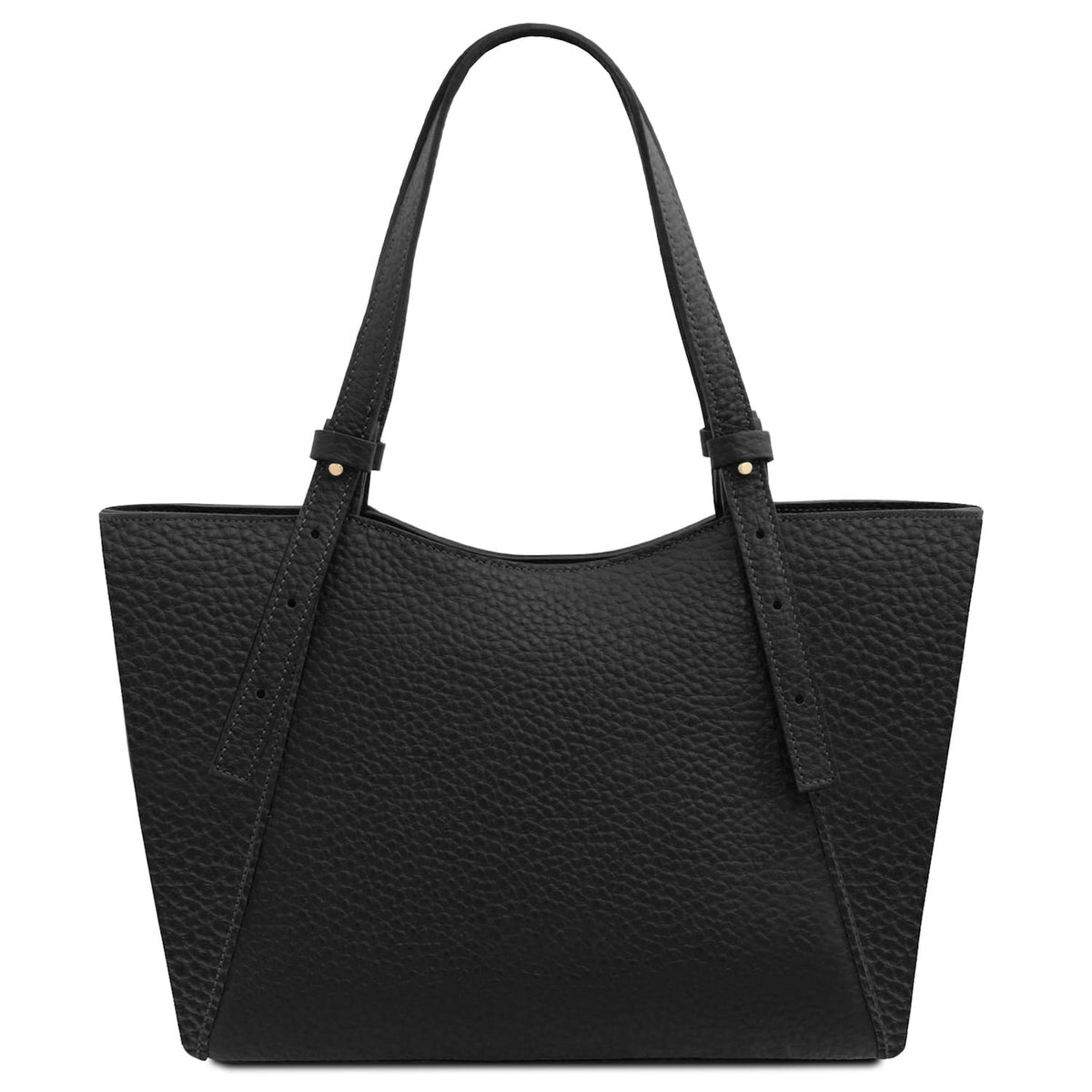 Top view of Libra black leather tote with curved opening and long straps