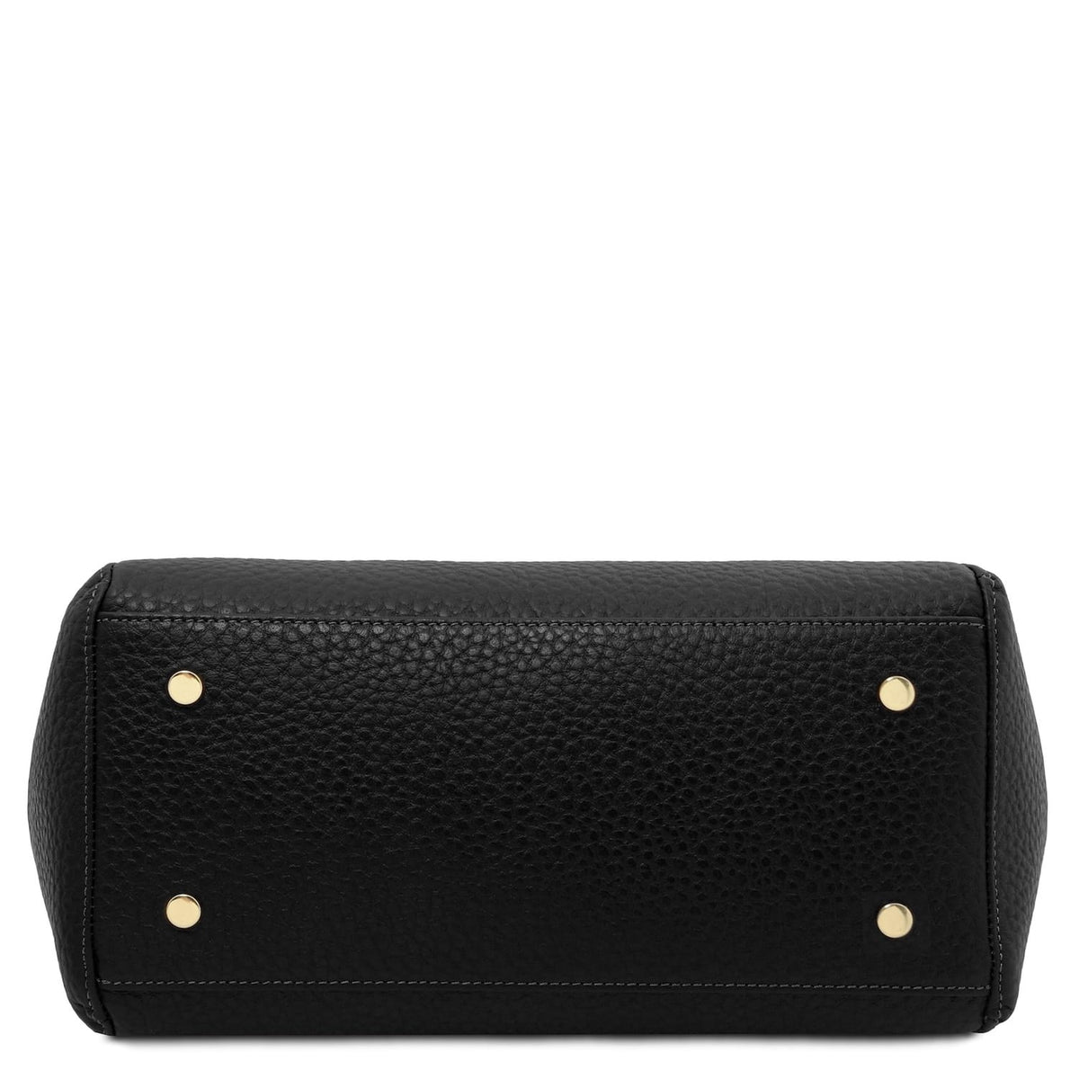 Bottom view of black pebbled leather tote bag with four gold feet
