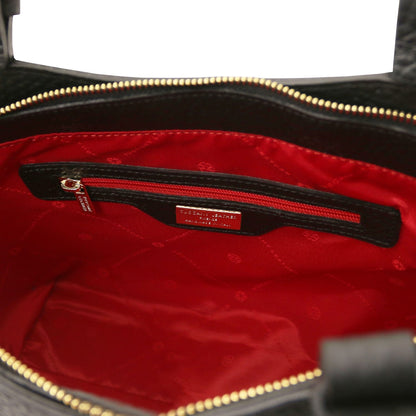 Inside view of Libra long handle leather tote with red lining and zip pocket.