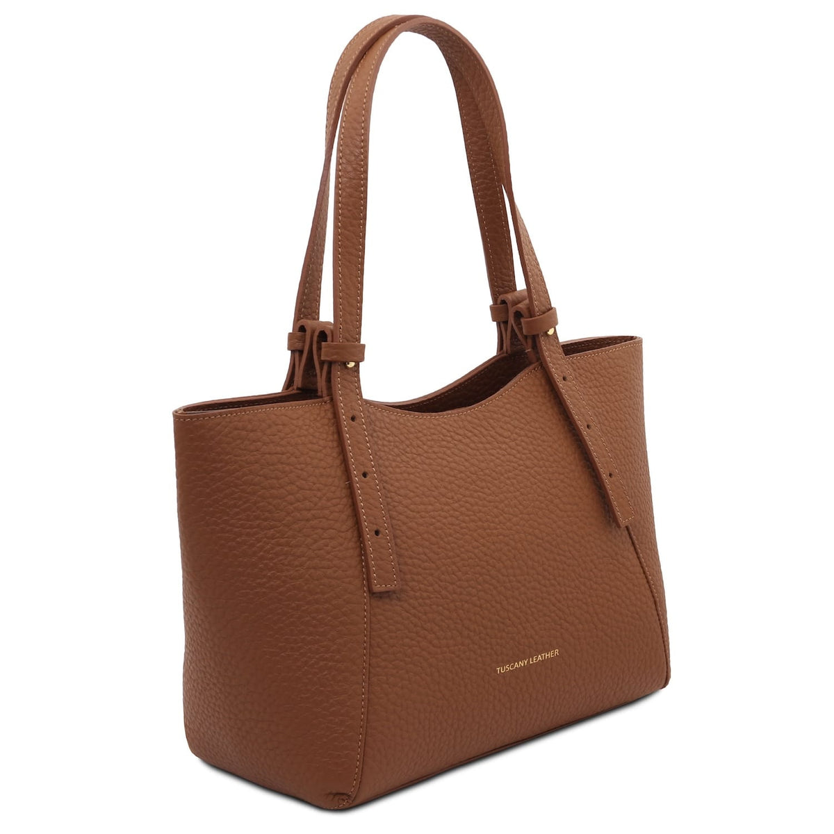 Libra long handle leather tote bag in warm brown pebbled leather with dual shoulder straps