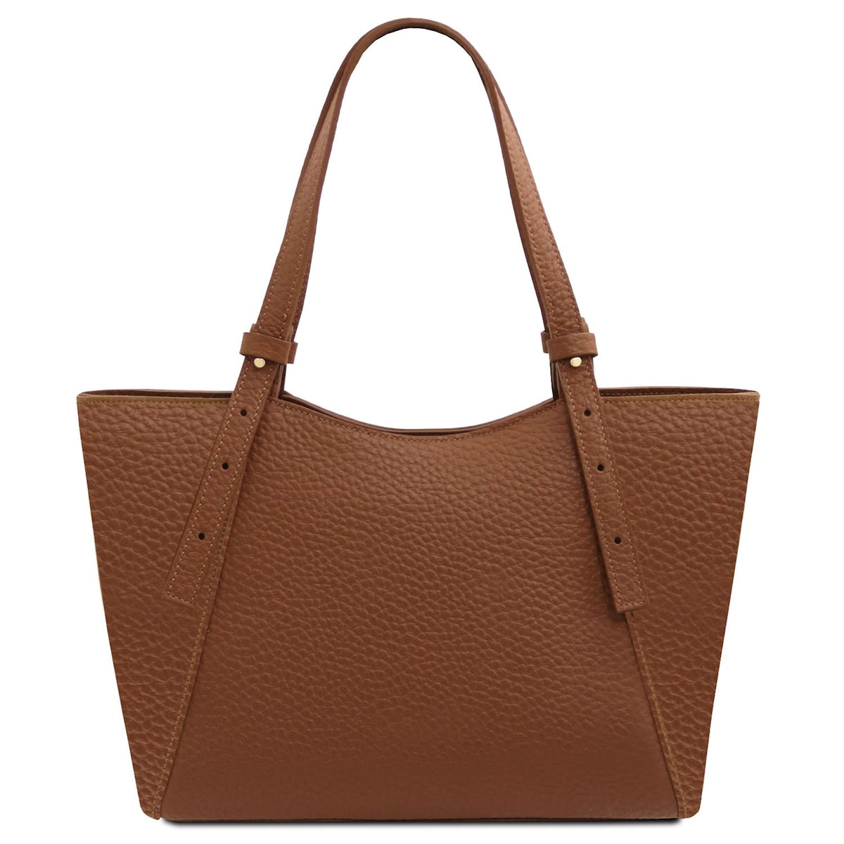 Libra tote bag front view in brown pebbled leather with double top handles