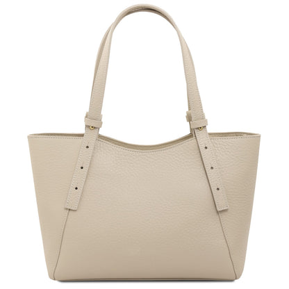 Beige Libra long handle leather tote bag with pebbled texture