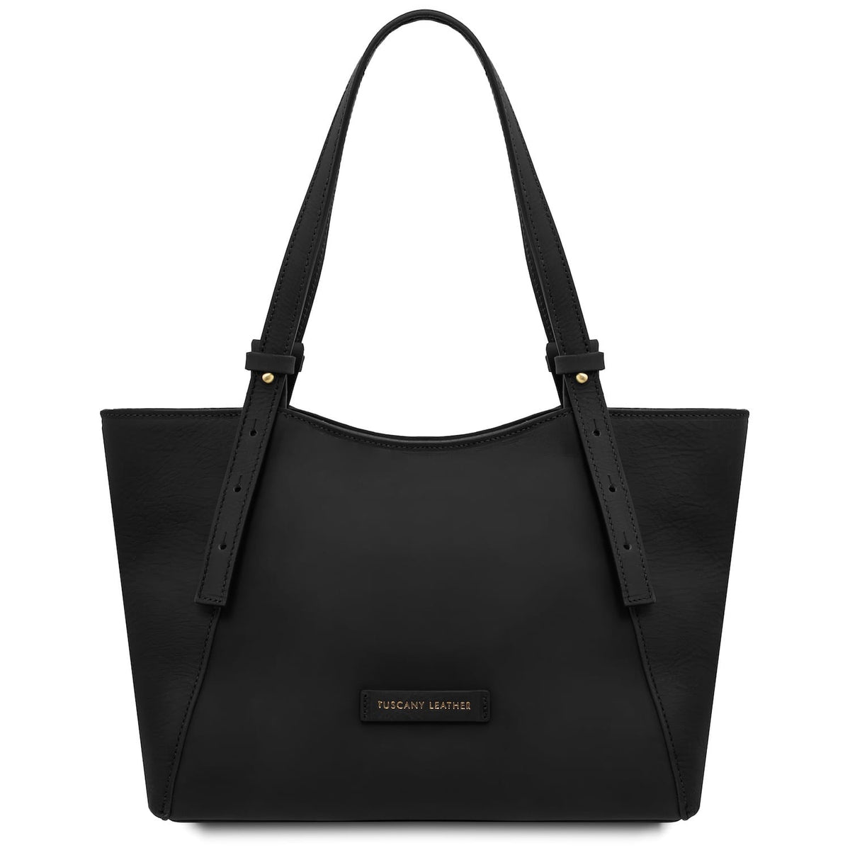 Black Libra long handle leather tote bag with a curved top edge and gold label plaque