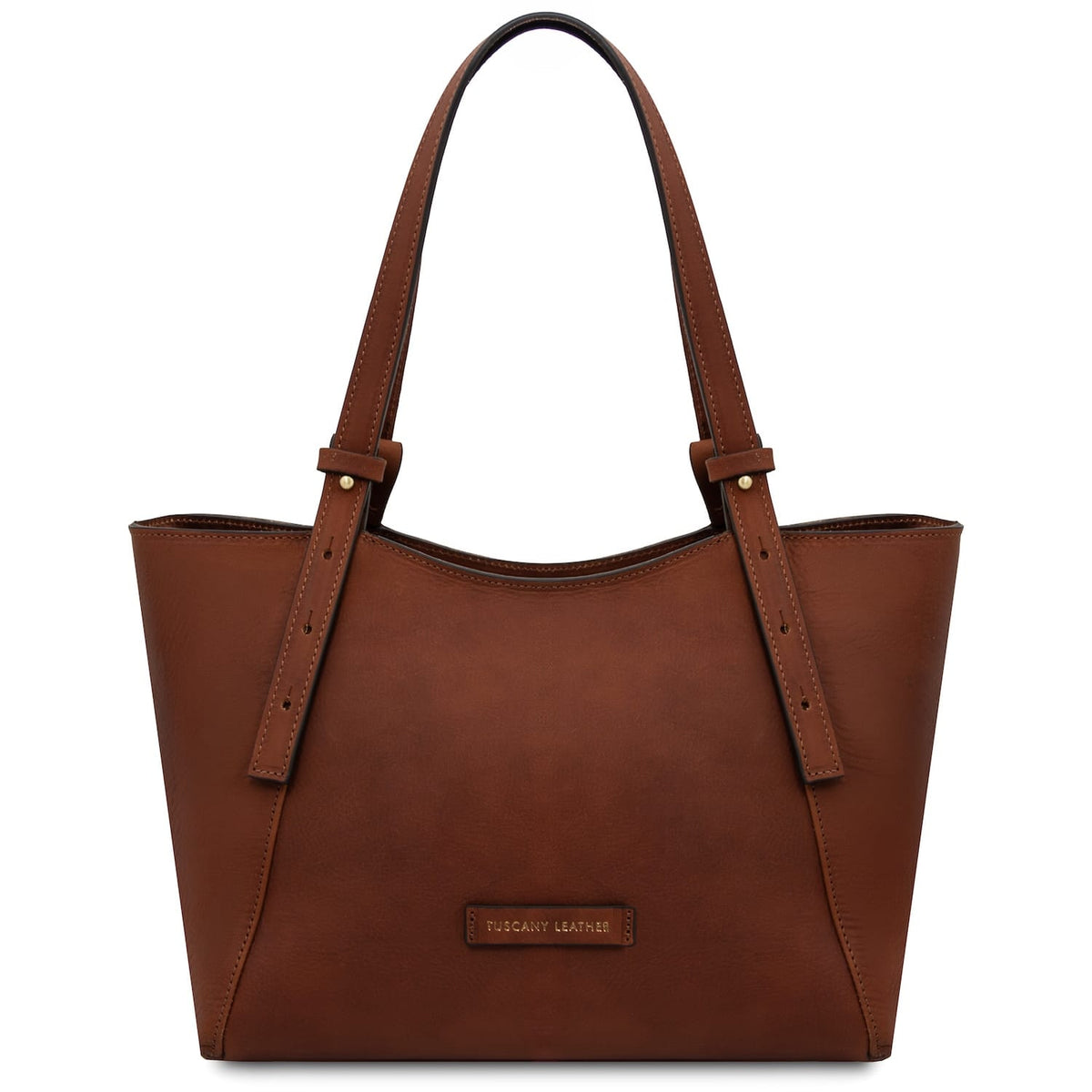 Front view of Libra brown leather tote with long straps and small brand plaque