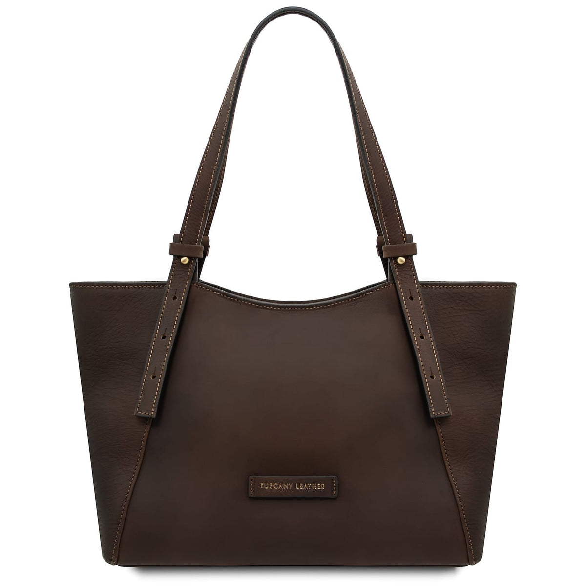 Brown leather tote with double top handles and a Tuscany Leather plaque on the front.