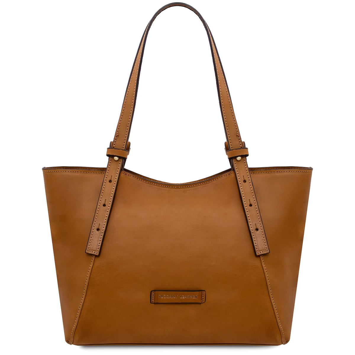 Tan Libra leather tote with two top handles and a clean minimalist exterior